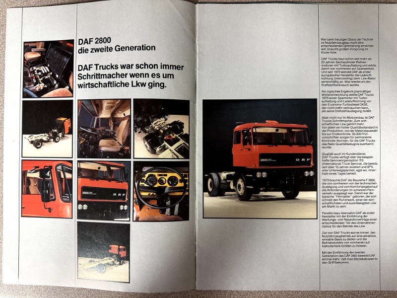 IMG_0017 | Merrick Auto Museum Two-page magazine spread about the DAF 2800 truck, with a red truck photo and a collage of interior and engine images.
