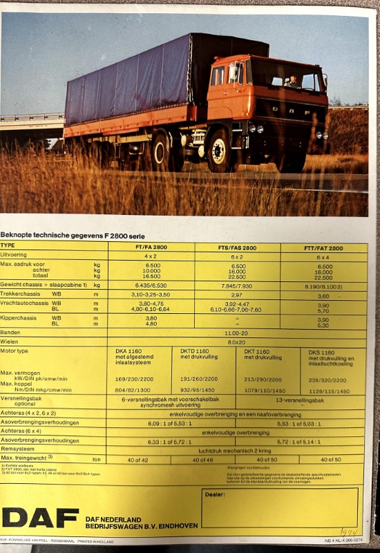 IMG_0030 | Merrick Auto Museum Orange DAF truck with a blue tarpaulin-covered trailer on a highway; brochure page showing F 2800 series specifications (Dutch).
