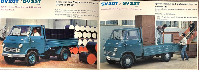 IMG_0046 | Merrick Auto Museum Two blue vintage pickup trucks in a yard; left shows a bed loaded with stacked pipes, right shows unloading with workers nearby.