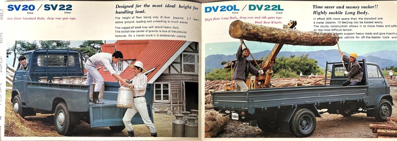 IMG_0047 | Merrick Auto Museum Two vintage diesel truck ads side by side: left image shows a blue pickup unloading metal canisters with workers wearing hard hats nearby; right image shows a similar truck carrying a large log beam while workers load more timber in a mountainous setting.