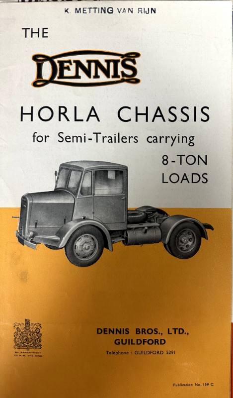 IMG_0051 | Merrick Auto Museum Front cover of a Dennis Bros brochure showing a gray truck chassis and the headline about 8-ton semi-trailer loads.
