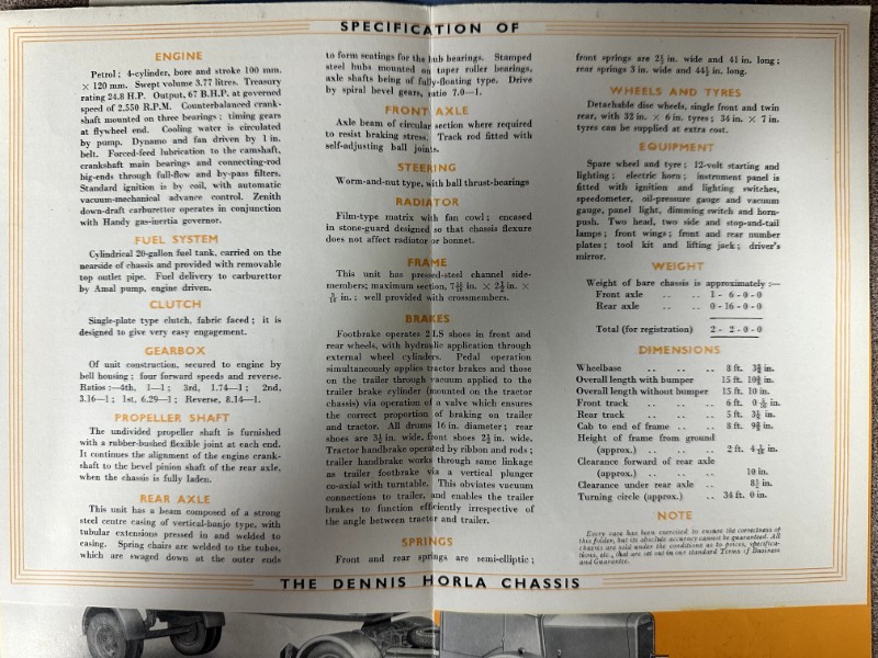 IMG_0052 | Merrick Auto Museum A photo of a printed specification sheet for the Dennis Horla chassis, listing technical details in columns: engine, fuel system, clutch, gearbox, propeller shaft, rear axle, springs, steering, radiator, frame, brakes, wheels and tires, equipment, weight, dimensions, and a note; a small vehicle image is partly visible at the bottom.