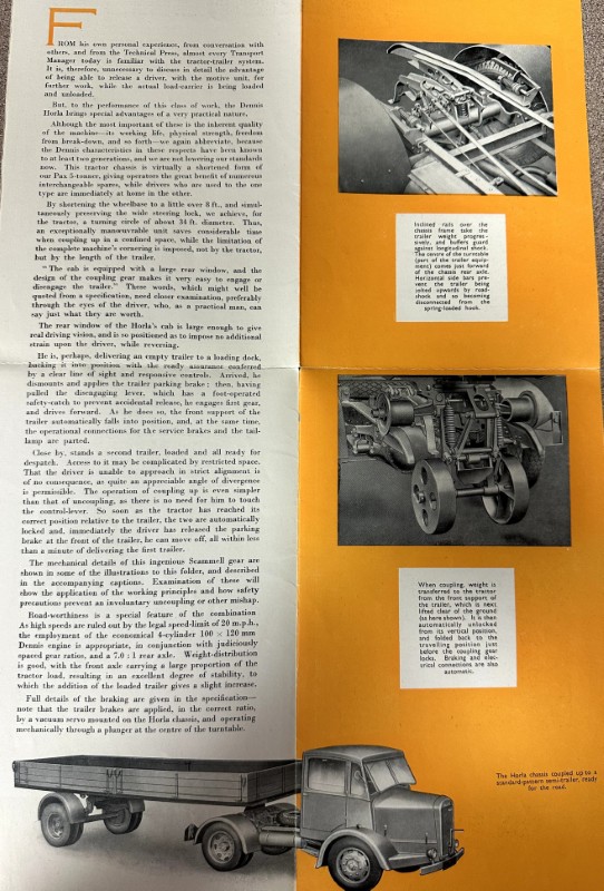 IMG_0053 | Merrick Auto Museum Two-page orange brochure spread illustrating a truck and its drivetrain, with black-and-white photos of engine components and a side view of a truck at the bottom amid blocks of explanatory text.