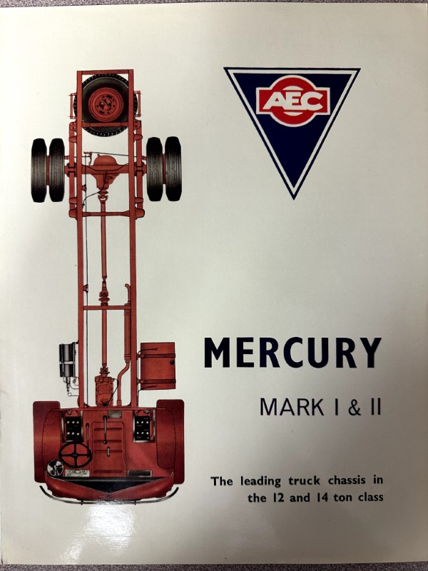 IMG_9467 | Merrick Auto Museum Red Mercury truck chassis (Mark I & II) with exposed drivetrain and wheels; AEC logo in the top-right; caption reads 'MERCURY MARK I & II'