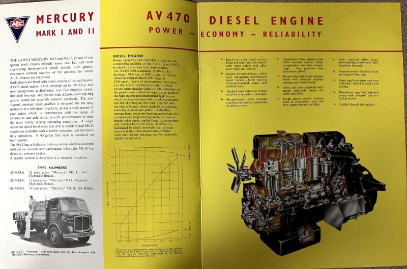 IMG_9468 | Merrick Auto Museum Split yellow Mercury brochure spread about the AV470 diesel engine, showing a cutaway engine illustration and copy on economy, reliability, and engine specs.