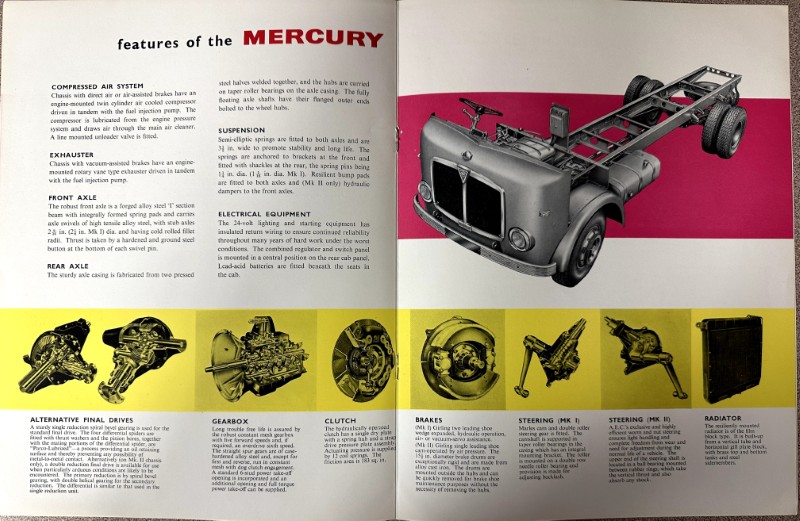 IMG_9469 | Merrick Auto Museum Two-page Mercury brochure spread showing a cutaway car chassis on the right and labeled component diagrams on the left.