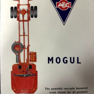 Red two-axle bonneted truck chassis shown from the side, with large wheels and machinery, branding 'MOGUL' and AEC triangle logo on white background.