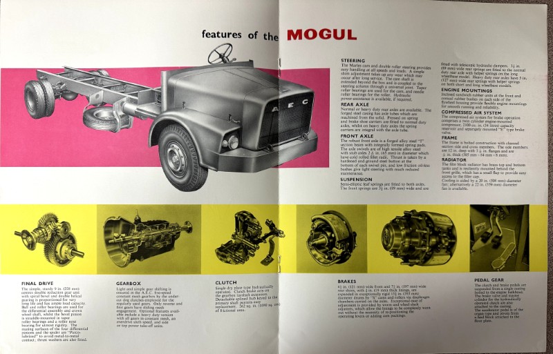 IMG_9472 | Merrick Auto Museum Vintage Mogul brochure spread showing a cutaway truck on a pink band with component illustrations (final drive, gearbox, clutch, brakes, pedal gear) on a yellow band, labeled 'features of the Mogul' to explain the truck's parts.