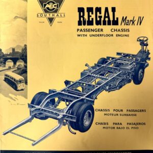Vintage brochure cover for Regal Mark IV passenger chassis; shows an exposed undercarriage frame and wheels, with AEC/Southall logo and company details.