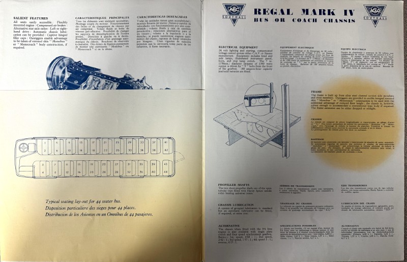 IMG_9474 | Merrick Auto Museum Promo brochure spread for Regal Mark IV bus chassis; left shows 44-seat seating plan and engine detail, right lists specs with a frame illustration.