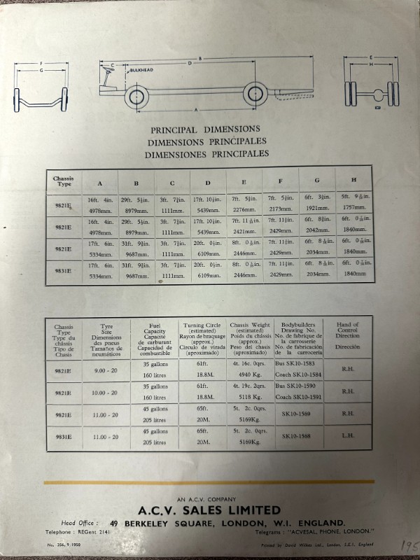IMG_9475 | Merrick Auto Museum Technical drawing of a trailer with labeled dimensions (A–H) and a data table showing chassis types and measurements for 9821E/9831E (principal dimensions and specs).