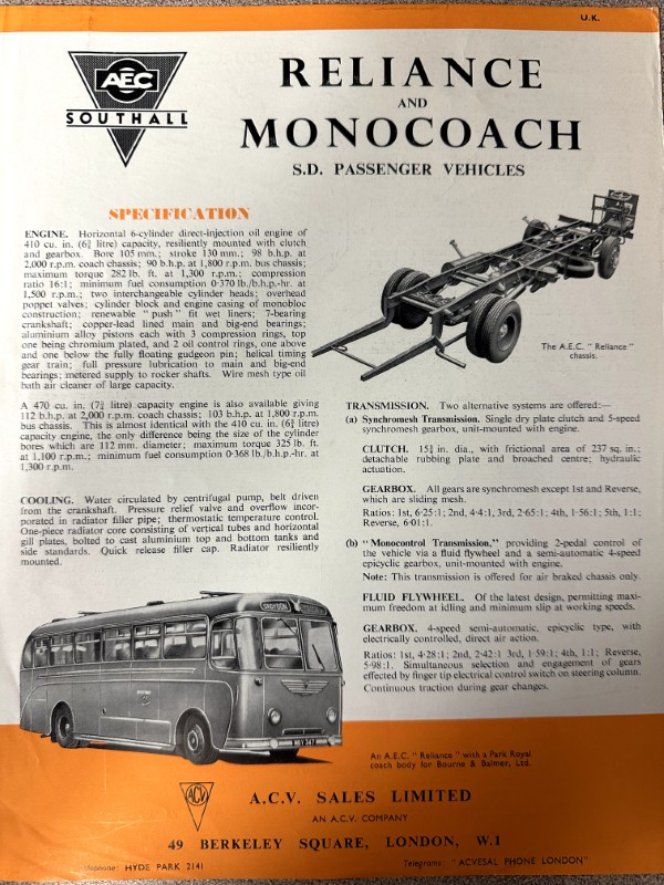 IMG_9479 | Merrick Auto Museum Vintage AEC Reliance and Monocoach advertisement featuring a vehicle chassis diagram and a retro bus image