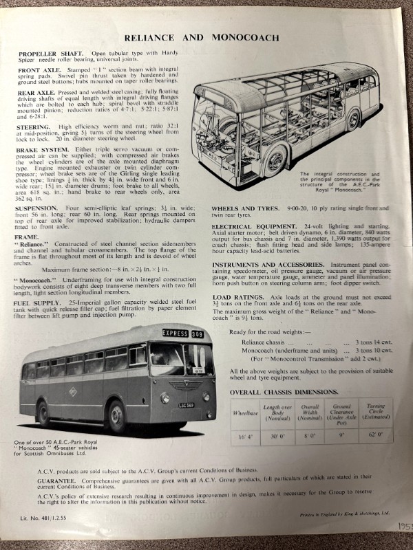 IMG_9480 | Merrick Auto Museum Cutaway diagram of a Reliance and Monocoach bus showing interior layout and engine components on a white page. The right side features a cutaway drawing of the bus body and seating arrangement.
