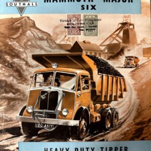Vintage dump truck brochure: a large orange heavy-duty tipper unloading coal at a quarry site, with 'Mammoth Major Six' branding in the sky banner.