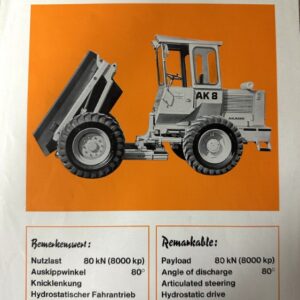 Side illustration of an Ahlmann AK8 dump truck with raised bed on an orange background.