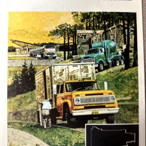 Illustration showing an orange delivery truck in the foreground with green and blue trucks on a wooded highway; header reads 'automatic truck transmissions' and an Allison logo with MT and HT series label.