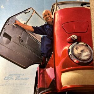Cover for an Alfa Romeo Mille brochure: a smiling man steps from a red vintage car with its door open against a blue sky backdrop.