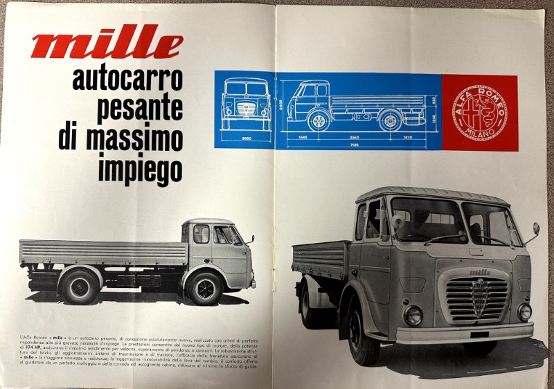IMG_9490 | Merrick Auto Museum Vintage Mille advertisement showing two classic heavy-duty trucks, blueprint diagram, and bold Italian text.