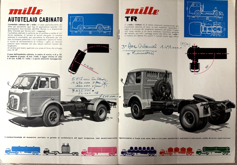 IMG_9491 | Merrick Auto Museum Double-page Mille brochure showing blue technical drawings and photos of vintage truck cabs and chassis with descriptive notes around them.