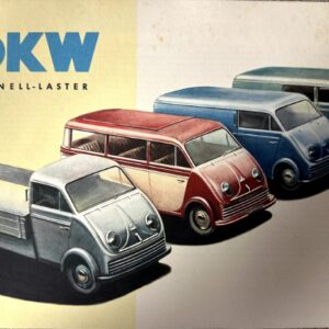 Vintage DKW Schnell-Laster advertisement showing a row of colorful compact cargo vans (gray, red, blue, lighter blue, green) angled to the right with a yellow DKW logo backdrop.