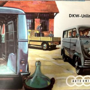 Vintage illustration of a DKW-Utilitaire delivery van at a loading yard with workers loading crates from a pickup truck outside a brick building, Auto Union logo visible.