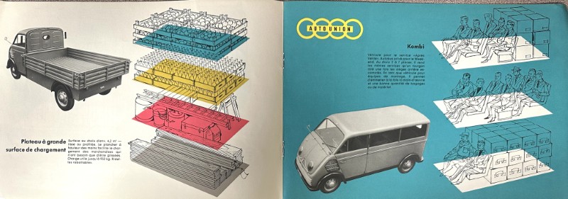 IMG_9496 | Merrick Auto Museum Exploded view of a pickup truck's large loading platform with stacked modular layers (blue, teal, yellow, red).