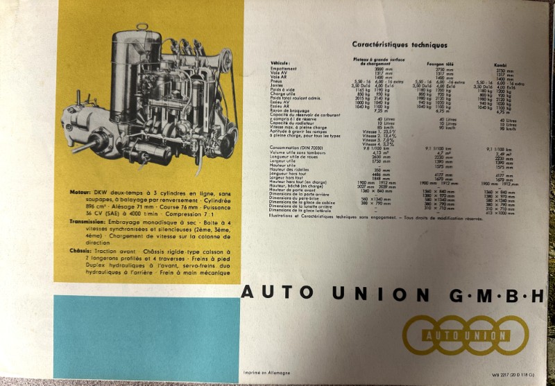 IMG_9497 | Merrick Auto Museum Vintage Auto Union ad with a detailed engine illustration on a yellow panel, plus a technical specifications table and Auto Union logo.