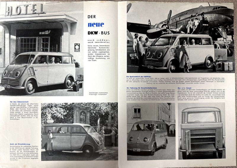 IMG_9502 | Merrick Auto Museum Two-page vintage advertisement spread featuring a DKW bus and classic cars outside a hotel, with an airplane in the background and people around the vehicles.