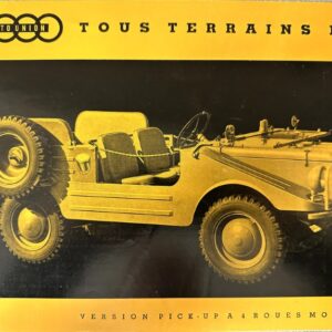 Brochure cover for a vintage DKW all-terrain vehicle, open-top four-seater with a spare tire mounted at the rear, yellow-and-black design.