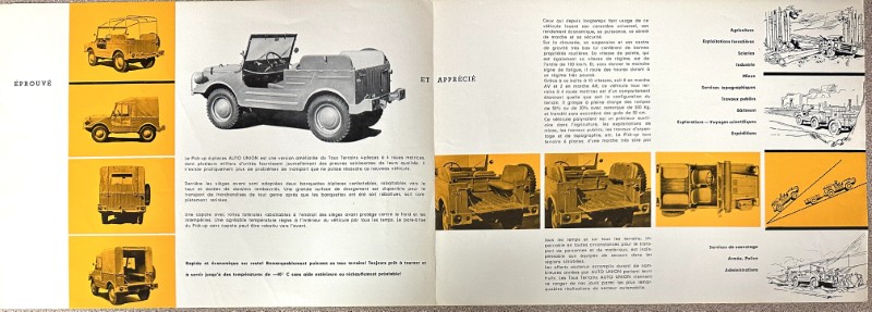 IMG_9505 | Merrick Auto Museum Vintage brochure spread featuring a gray convertible pickup centered among yellow panels with multiple truck images and French text.