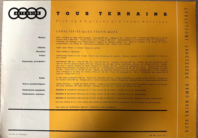 IMG_9506 | Merrick Auto Museum Vintage Auto Union brochure page with an orange center panel titled 'Tous terrains' listing technical specifications in French; logo on the left.