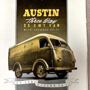 Vintage advertisement poster for The Austin Three Way Vanguard Deliveries, featuring a brown delivery van and a 'YOU CAN DEPEND ON IT' ribbon at the bottom.