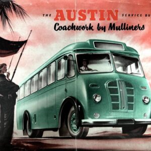 Vintage poster advertising The Austin Service Bus with 'Coachwork by Mulliners,' featuring a green retro bus and people waiting on the left.