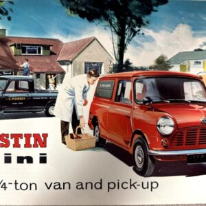 Advertisement for Austin Mini: red ¼-ton van and pickup in a suburban driveway with people nearby.
