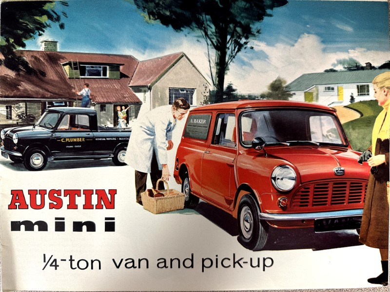 IMG_9521 | Merrick Auto Museum Advertisement for Austin Mini: red ¼-ton van and pickup in a suburban driveway with people nearby.