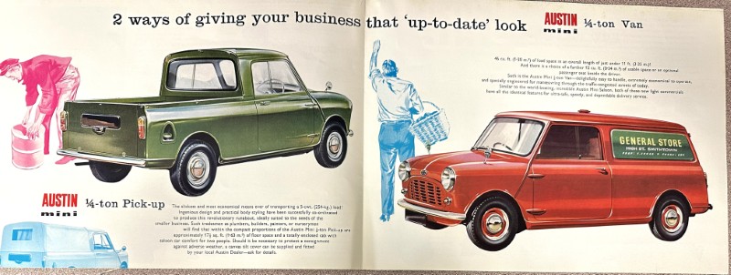 IMG_9522 | Merrick Auto Museum Two-page vintage ad spread featuring a green pickup truck (left) and a red delivery van (right) with blue silhouettes of workers and promotional text above them.
