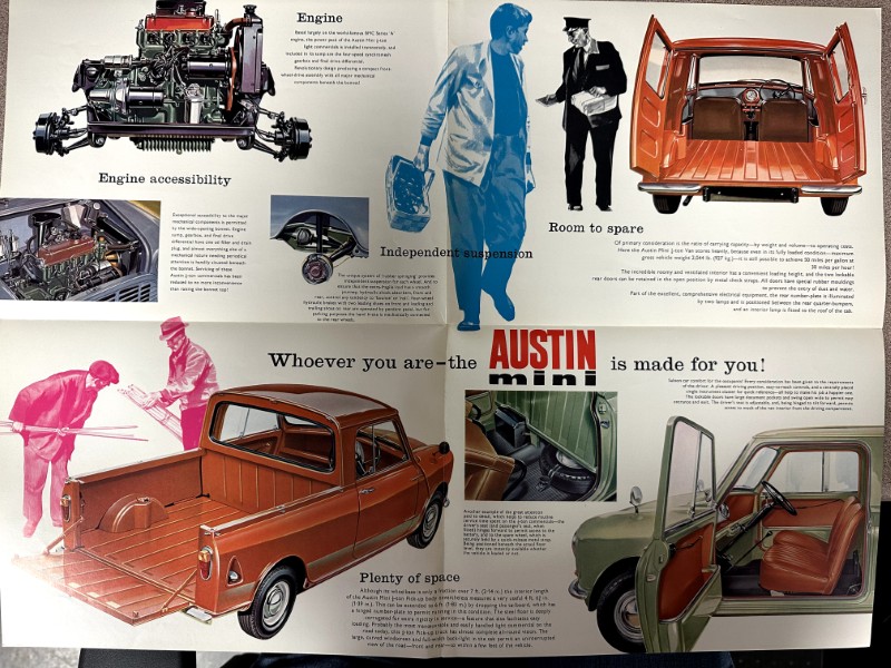 IMG_9523 | Merrick Auto Museum Austin Mini brochure collage highlighting engine accessibility, independent suspension, roomy interior and spacious cargo bed.