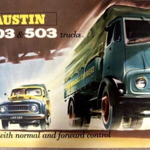 Retro advertisement poster for Austin 303 and 503 trucks, blue and yellow lorries speeding under a bridge, with bold headline text.