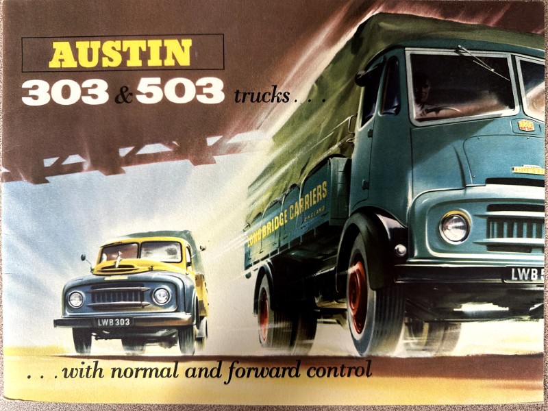 IMG_9524 | Merrick Auto Museum Retro advertisement poster for Austin 303 and 503 trucks, blue and yellow lorries speeding under a bridge, with bold headline text.