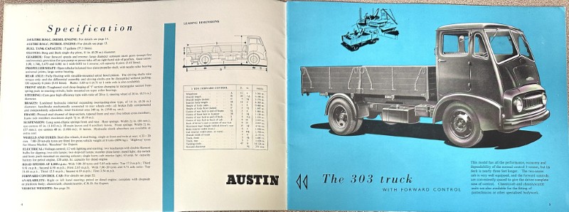 IMG_9525 | Merrick Auto Museum Open vintage Austin brochure showing a blue page with 'The 303 truck with forward control' and a cab‑over truck illustration; left page lists specifications.