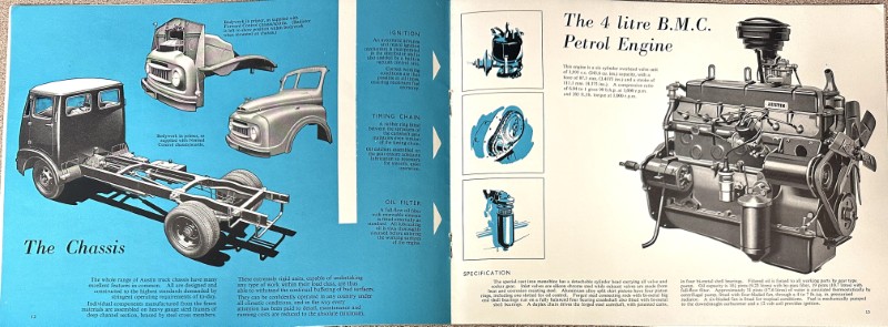 IMG_9526 | Merrick Auto Museum Two-page vintage brochure spread: left page in blue shows a cutaway truck chassis and components with the caption 'The Chassis'; right page features a labeled four‑litre B.M.C. petrol engine with inset diagrams and descriptive text.