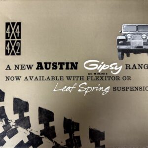 Advertisement for the Austin Gypsy Range 4x4 with a jeep image and suspension options (Flexitor or Leaf Spring).