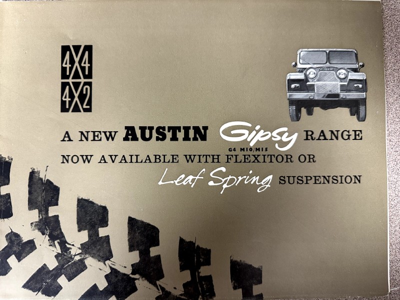 IMG_9527 | Merrick Auto Museum Advertisement for the Austin Gypsy Range 4x4 with a jeep image and suspension options (Flexitor or Leaf Spring).