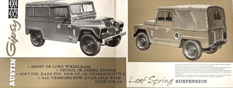 IMG_9528 | Merrick Auto Museum Two-page brochure for Austin Gipsy 4x4s, showing a dark SUV on the left and a tan canvas-top 4x4 on the right; caption reads 'Leaf Spring Suspension.'