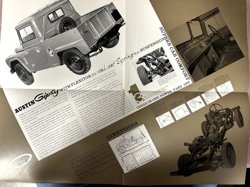 IMG_9529 | Merrick Auto Museum Collage of vintage auto brochure pages advertising the Austin Gipsy SUV, with large vehicle image, diagrams, and interior photos.