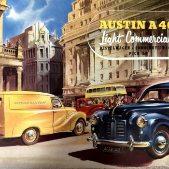 IMG_9530 | Merrick Auto Museum Vintage ad illustration for Austin A40 Light Commercials, showing a yellow delivery van and blue cars in a historic city square with the ad text 'AUSTIN A40 Light Commercials'