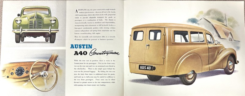 IMG_9534 | Merrick Auto Museum Collage of a vintage green Austin A40 front view, a beige steering wheel, and a tan Austin A40 Countryman estate car with a visible AUS 40 plate on a white brochure background.