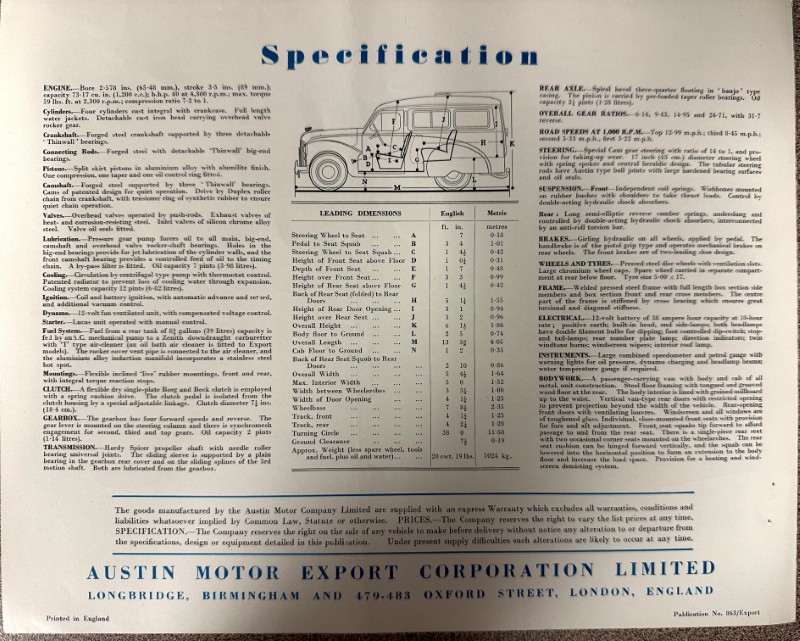 IMG_9535 | Merrick Auto Museum Vintage car specification sheet with a cutaway diagram and labeled dimensions, plus tables of engine, gearing, and wheel specs at the bottom.