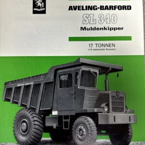 Front cover of an Aveling-Barford SL 340 Muldenkipper brochure, showing a large black dump truck on a green background.