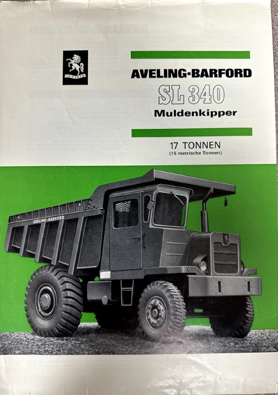 IMG_9536 | Merrick Auto Museum Front cover of an Aveling-Barford SL 340 Muldenkipper brochure, showing a large black dump truck on a green background.